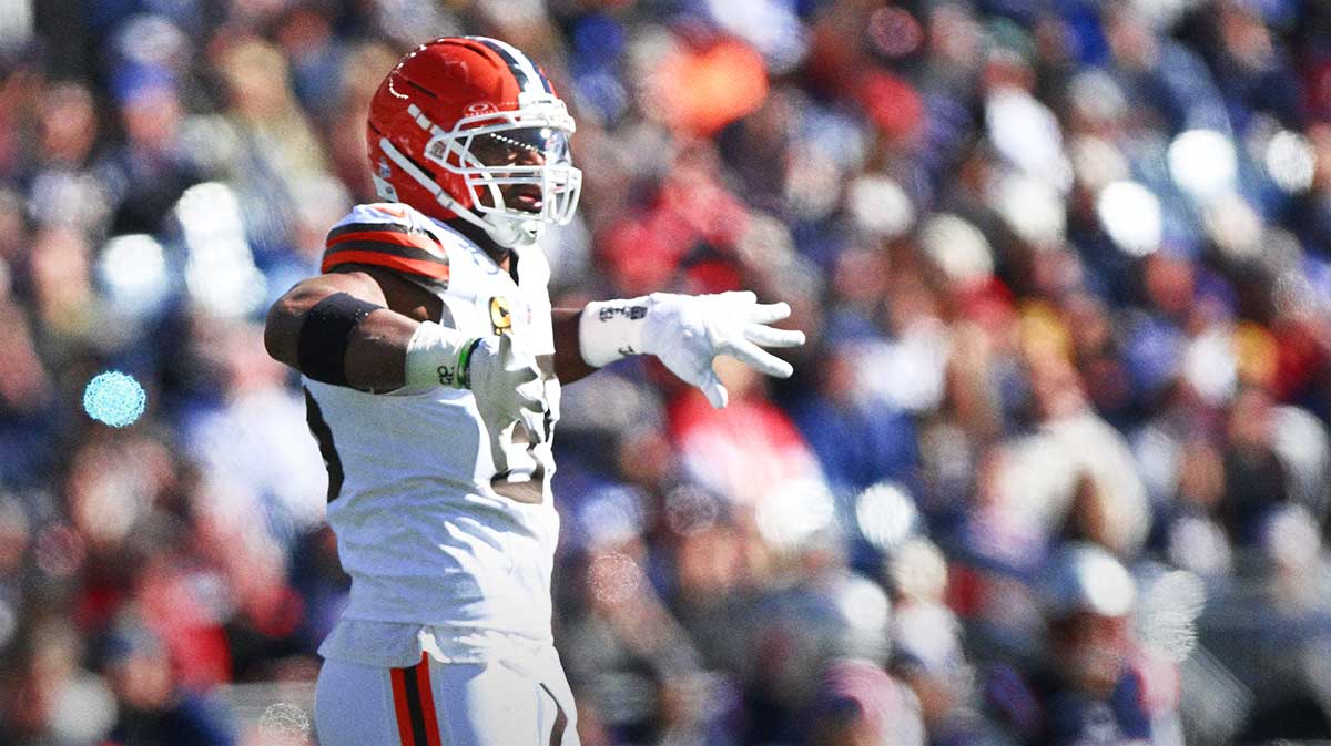 Cleveland Browns defensive end Myles Garrett (95) reacts after a sack against New England Patriots quarterback Drake Maye (10) (not pictured) during the first quarter at Gillette Stadium.