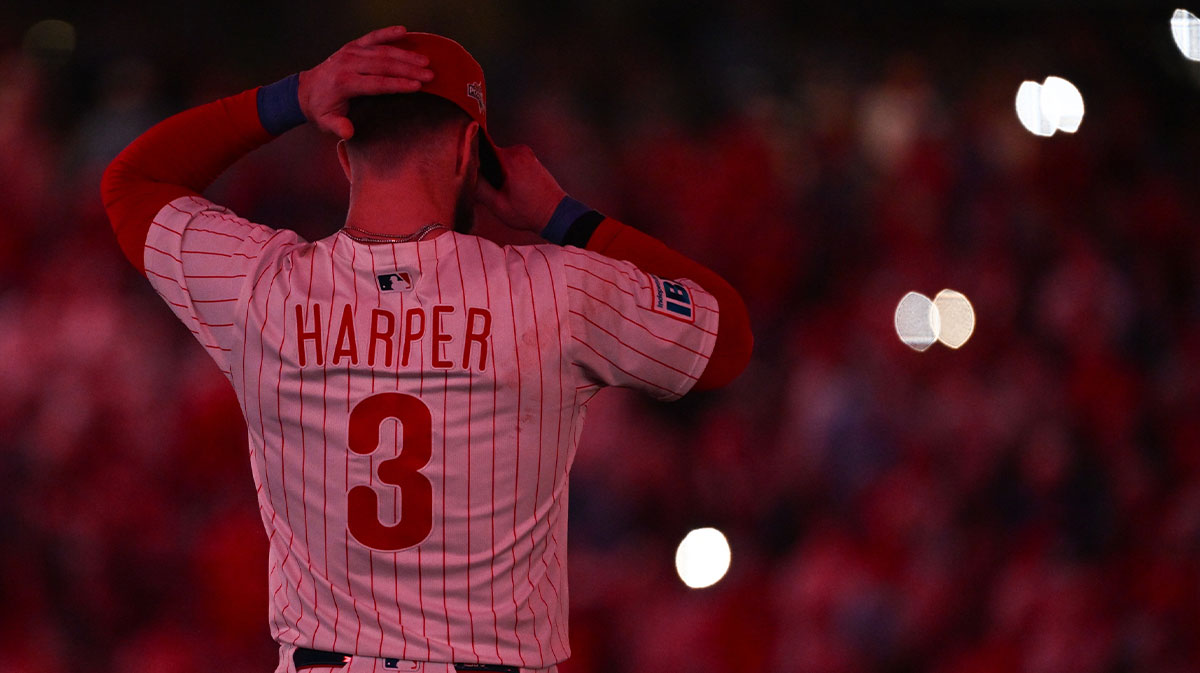 Philadelphia Phillies first baseman Bryce Harper (3) looks on at the start of the ninth inning during game two of the NLDS round against the Los Angeles Dodgers for the 2025 MLB playoffs at Citizens Bank Park. 