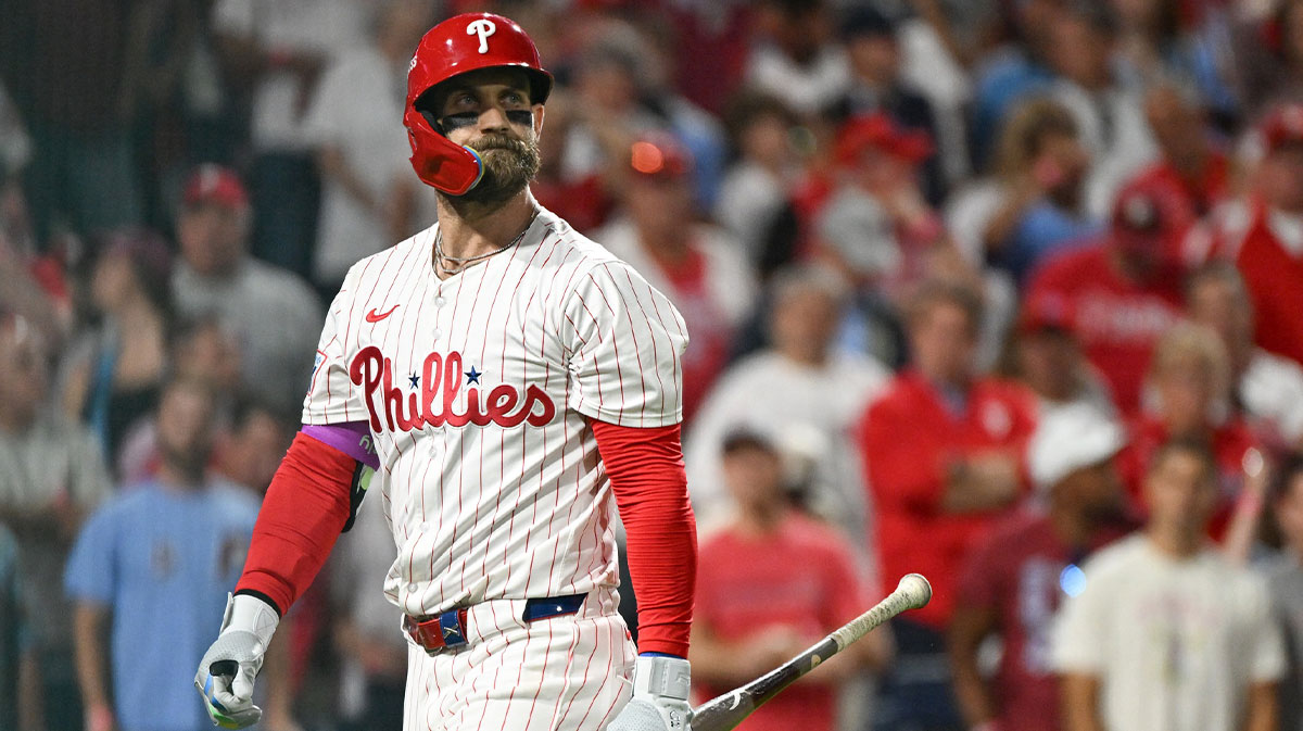 Philadelphia Phillies first baseman Bryce Harper (3) reacts to striking out against the Los Angeles Dodgers in the sixth inning during game two of the NLDS round for the 2025 MLB playoffs at Citizens Bank Park.