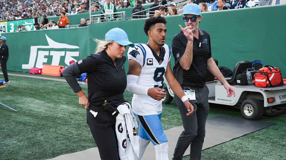 Carolina Panthers quarterback Bryce Young (9) exits the field during the third quarter against the New York Jets at MetLife Stadium.