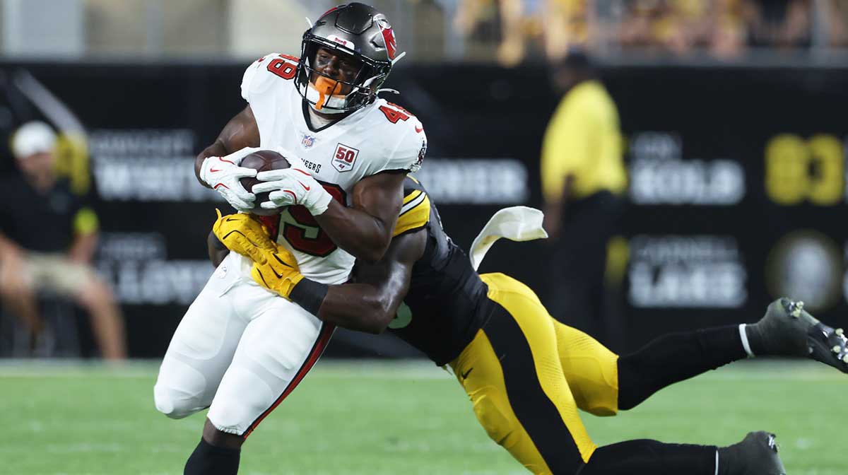 Tampa Bay Buccaneers running back Owen Wright (49) runs after catch against Pittsburgh Steelers linebacker Mark Robinson (rear) during the fourth quarter at Acrisure Stadium.