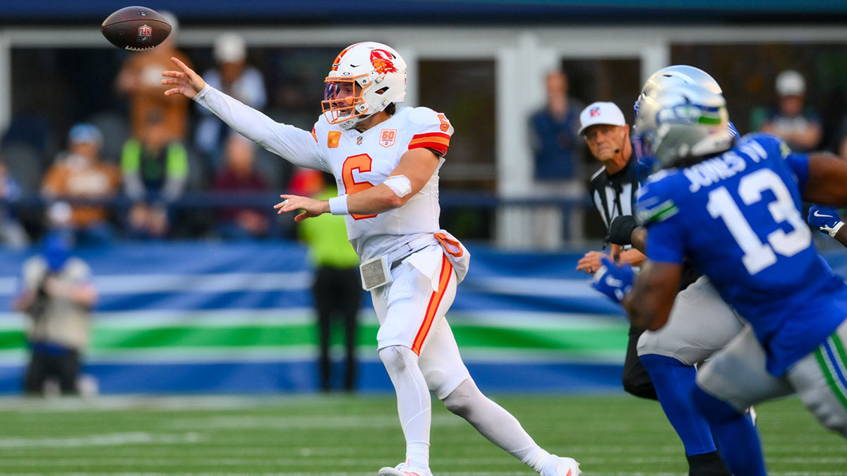 Tampa Bay Buccaneers quarterback Baker Mayfield (6) passes the ball against the Seattle Seahawks during the second half at Lumen Field.