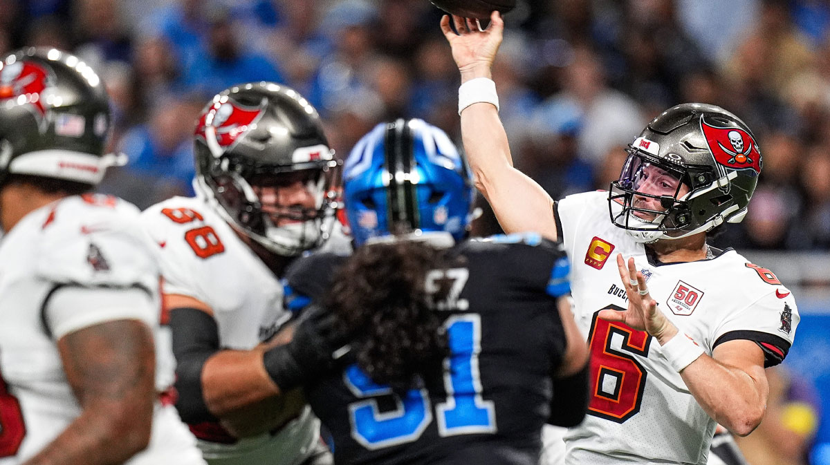 Tampa Bay Buccaneers quarterback Baker Mayfield (6) makes a pass against Detroit Lions during the first half at Ford Field in Detroit on Monday, Oct. 20, 2025.