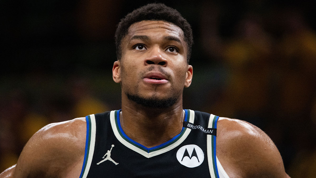 Bucks forward Giannis Antetokounmpo (34) during game five of the first round for the 2024 NBA Playoffs against the Indiana Pacers at Gainbridge Fieldhouse