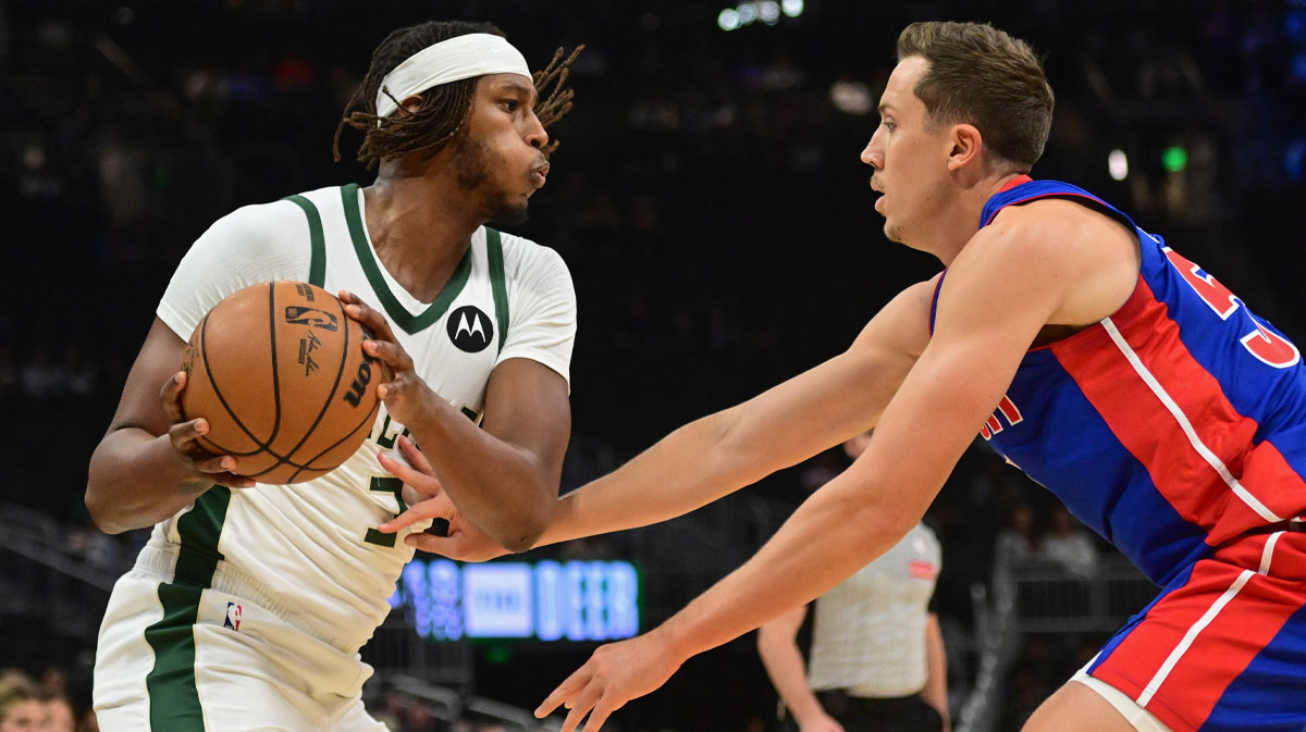 Milwaukee Bucks center Myles Turner (3) looks for a shot against Detroit Pistons guard Duncan Robinson (55) in the first quarter at Fiserv Forum.