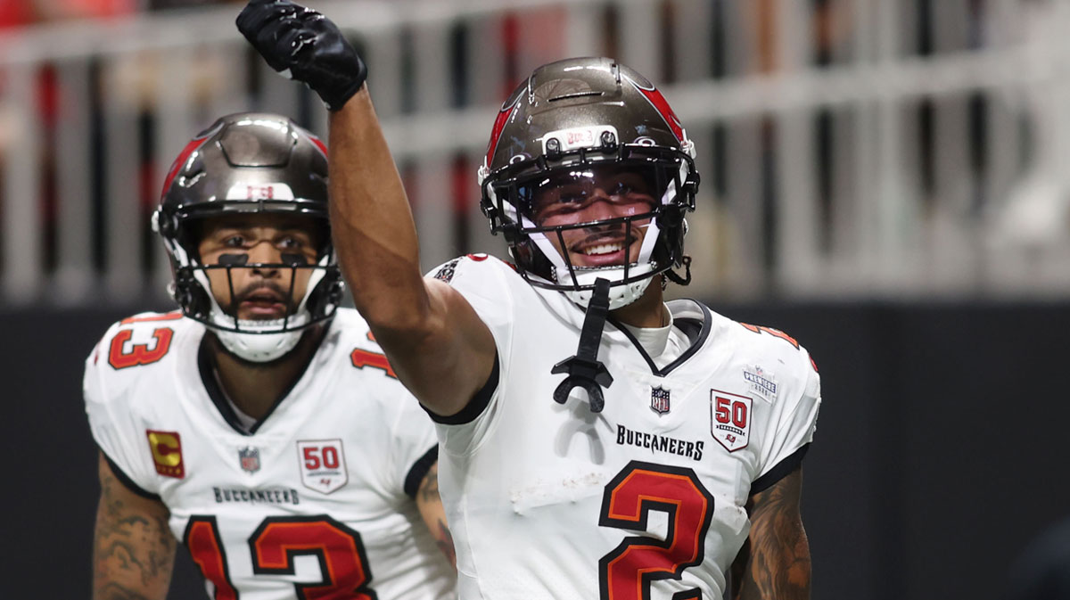 Tampa Bay Buccaneers wide receiver Emeka Egbuka (2) reacts after scoring a touchdown against the Atlanta Falcons during the second quarter at Mercedes-Benz Stadium.