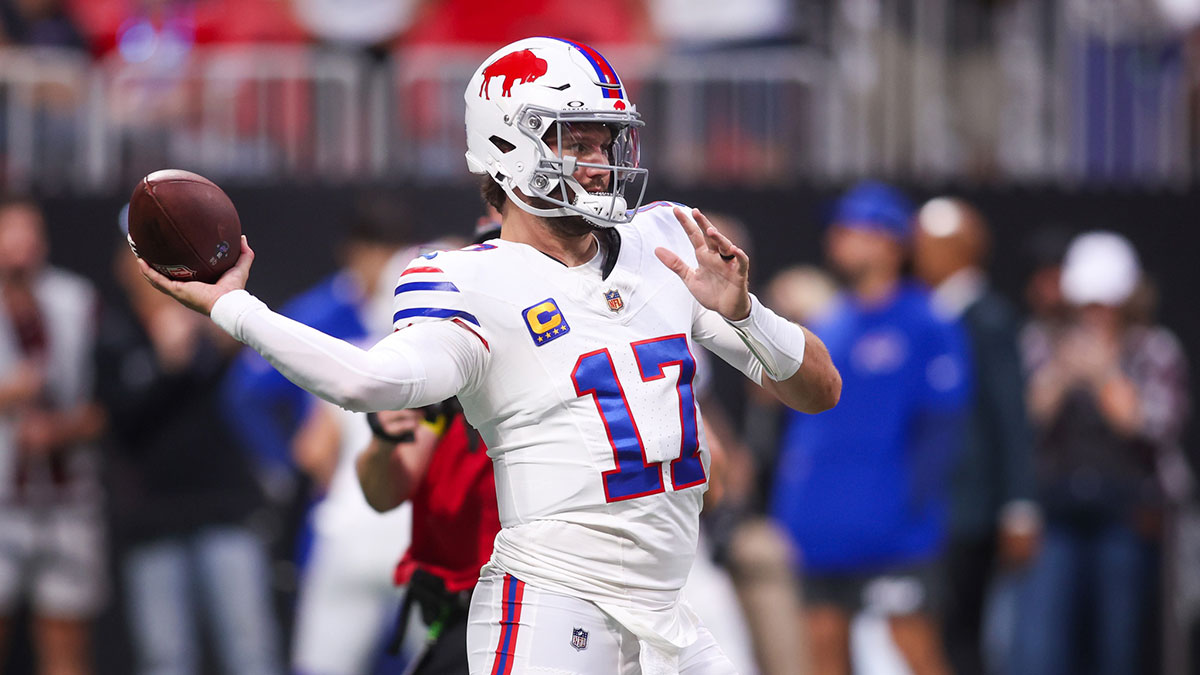 Buffalo Bills quarterback Josh Allen (17) warms ups prior to a game against the Atlanta Falcons at Mercedes-Benz Stadium.