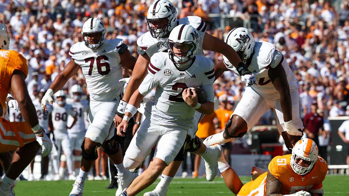 Mississippi State Bulldogs quarterback Blake Shapen (2) runs with the ball against the Tennessee Volunteers during the first half at Davis Wade Stadium at Scott Field.