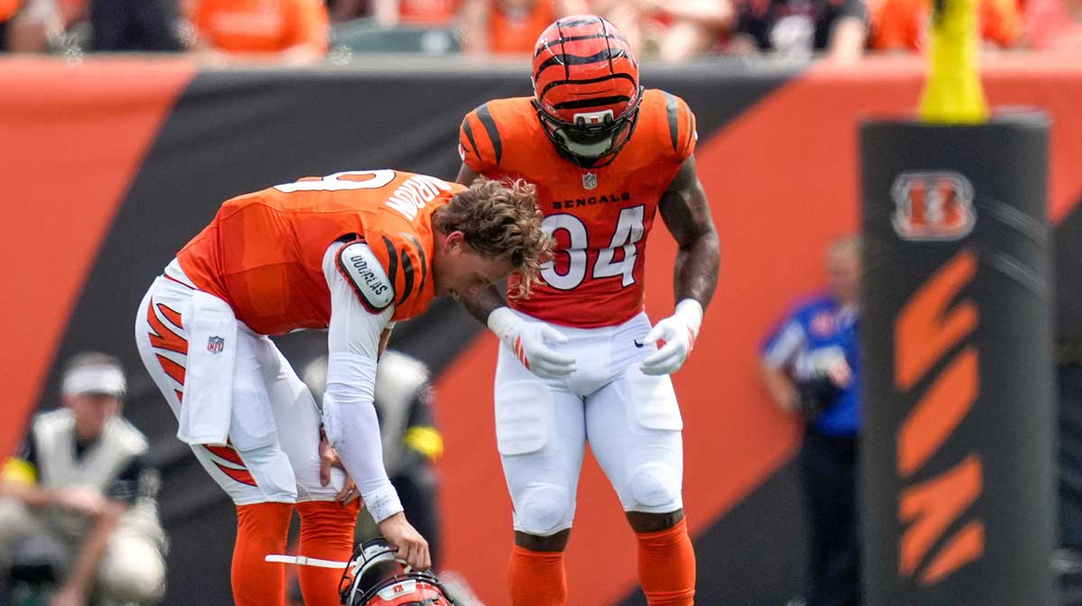 Cincinnati Bengals quarterback Joe Burrow (9) is injured on a play in the second quarter of the NFL Week 2 game between the Cincinnati Bengals and the Jacksonville Jaguars at Paycor Stadium in downtown Cincinnati on Sunday, Sept. 14, 2025. The Jaguars led 17-10 at halftime.