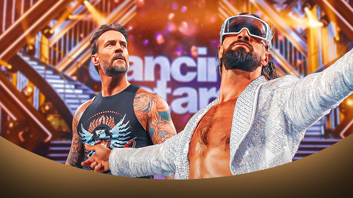 WWE stars CM Punk and Seth Rollins with Dancing with the Stars stage background.