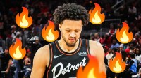 Cade Cunningham on the court with flame emojis around Detroit Pistons