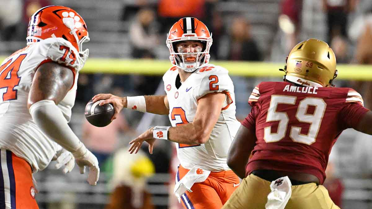 Oct 11, 2025; Chestnut Hill, Massachusetts, USA; Clemson Tigers quarterback Cade Klubnik (2) throws a pass against the Boston College Eagles during the second half at Alumni Stadium.