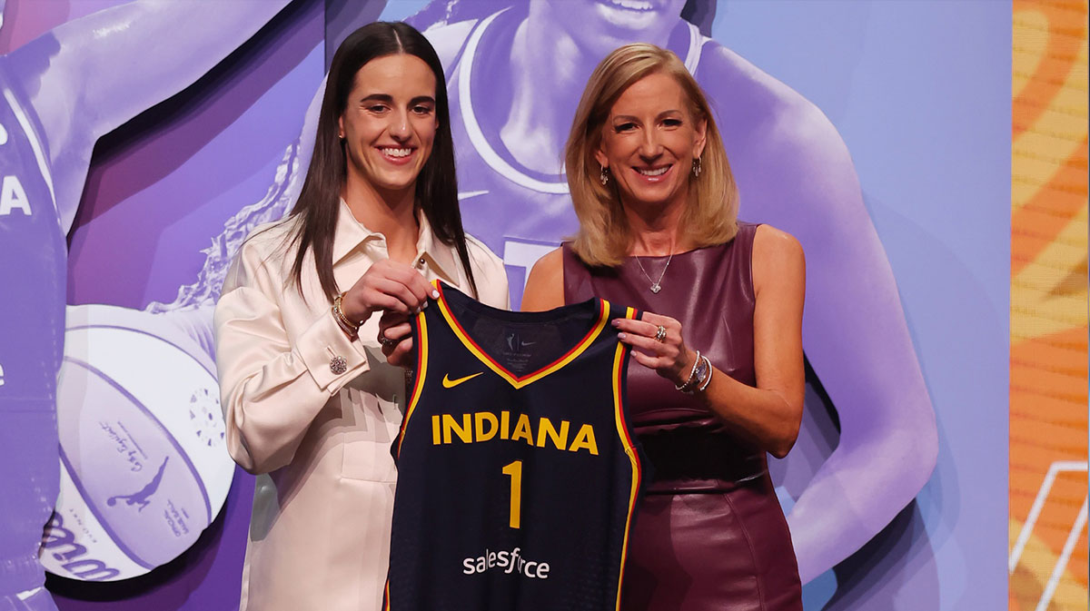 Indiana Fever star Caitlin Clark and WNBA commissioner Cathy Engelbert at the 2024 Draft.