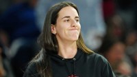 Indiana Fever guard Caitlin Clark (22) reacts from the bench after a play made by the Las Vegas Aces during the fourth quarter of game five of the second round for the 2025 WNBA Playoffs at Michelob Ultra Arena.