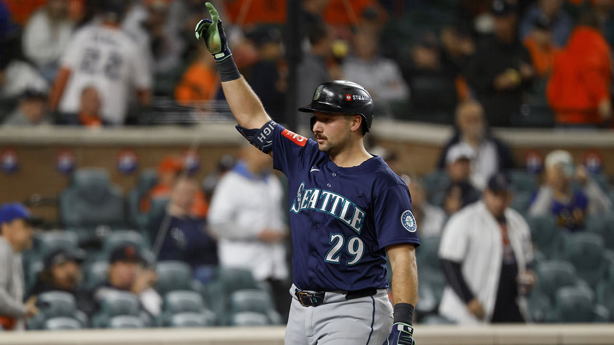 Seattle Mariners catcher Cal Raleigh (29) celebrates hitting a home run in the ninth inning against the Detroit Tigers during game three of the ALDS round for the 2025 MLB playoffs at Comerica Park.