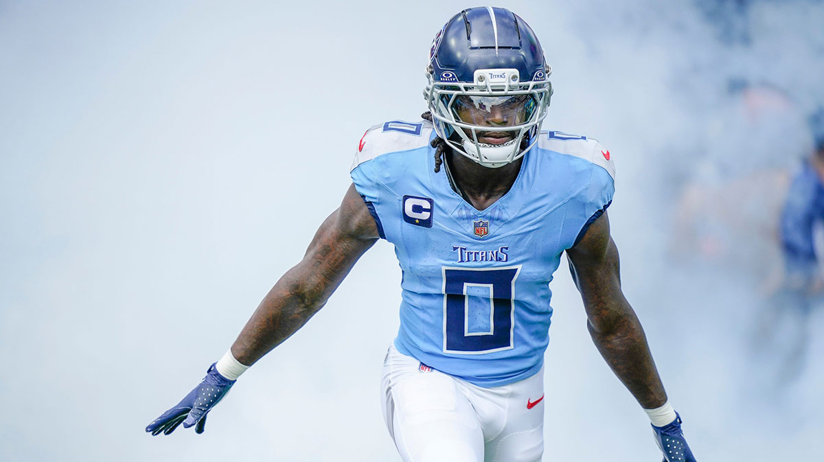 Tennessee Titans wide receiver Calvin Ridley (0) takes the field before the game against the Los Angeles Rams at Nissan Stadium in Nashville, Tenn., Sunday, Sept. 14, 2025.
