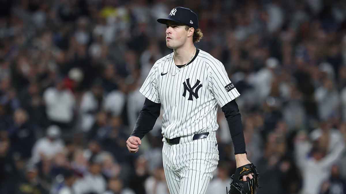 New York Yankees pitcher Cam Schlittler (31) walks of the field after pitching the top of the sixth inning against the Boston Red Sox during game three of the Wildcard round for the 2025 MLB playoffs at Yankee Stadium.