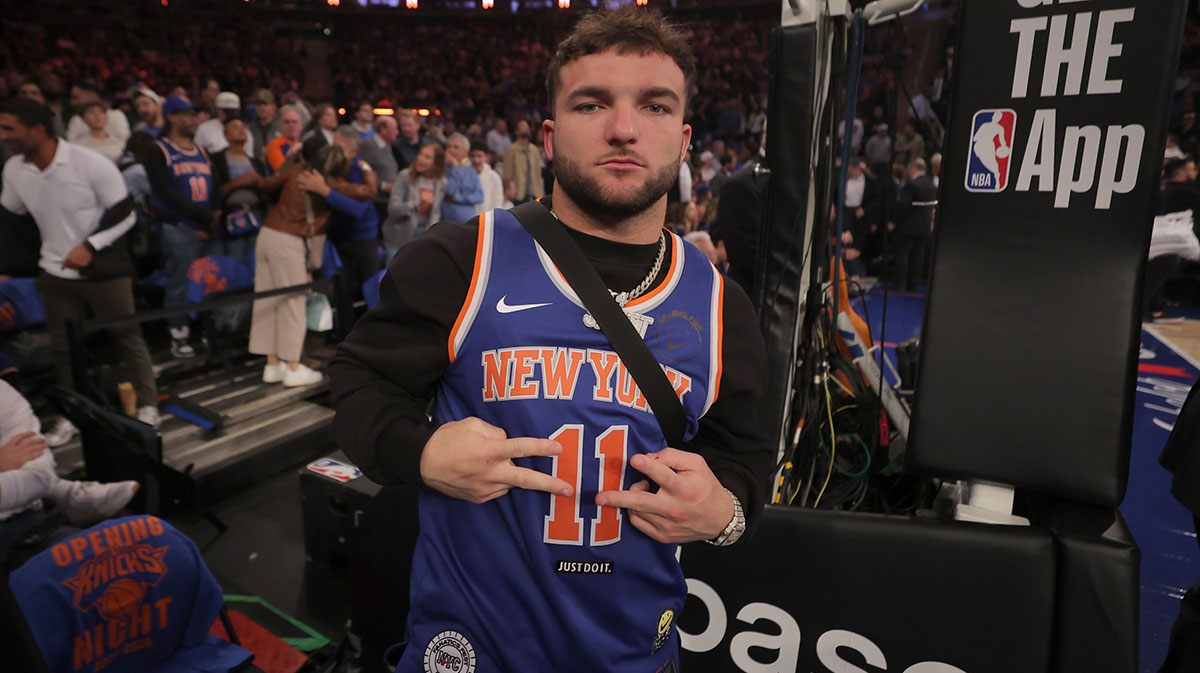 New York Giants running back Cam Skattebo at the Knicks season opener game against the Cleveland Cavaliers.