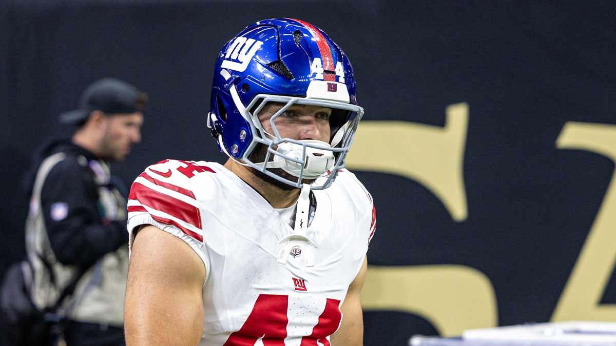 New York Giants running back Cam Skattebo (44) runs out the tunnel against New Orleans Saints during warmups at Caesars Superdome.