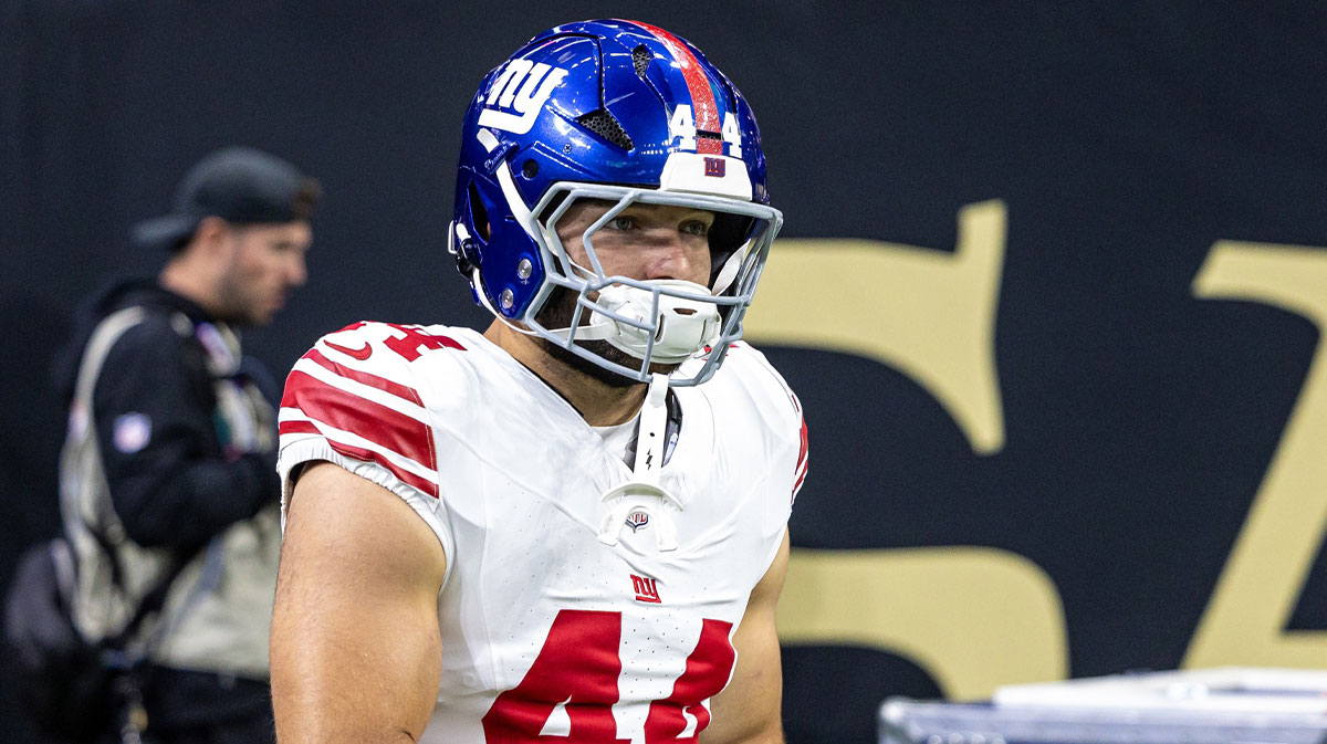 New York Giants running back Cam Skattebo (44) runs out the tunnel against New Orleans Saints during warmups at Caesars Superdome.