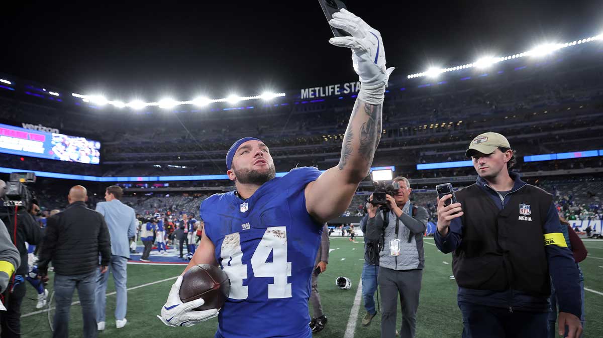 New York Giants running back Cam Skattebo (44) celebrates after defeating the Philadelphia Eagles in the game at MetLife Stadium.