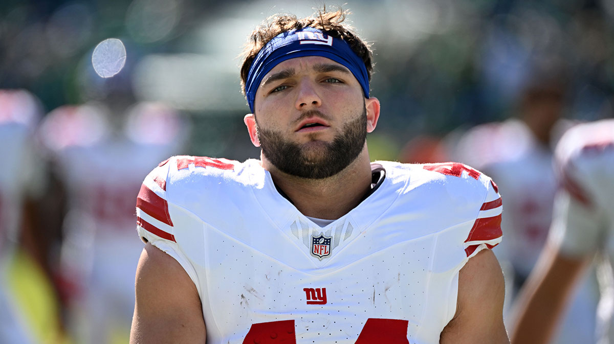 New York Giants running back Cam Skattebo (44) looks on before the game against the Philadelphia Eagles at Lincoln Financial Field.