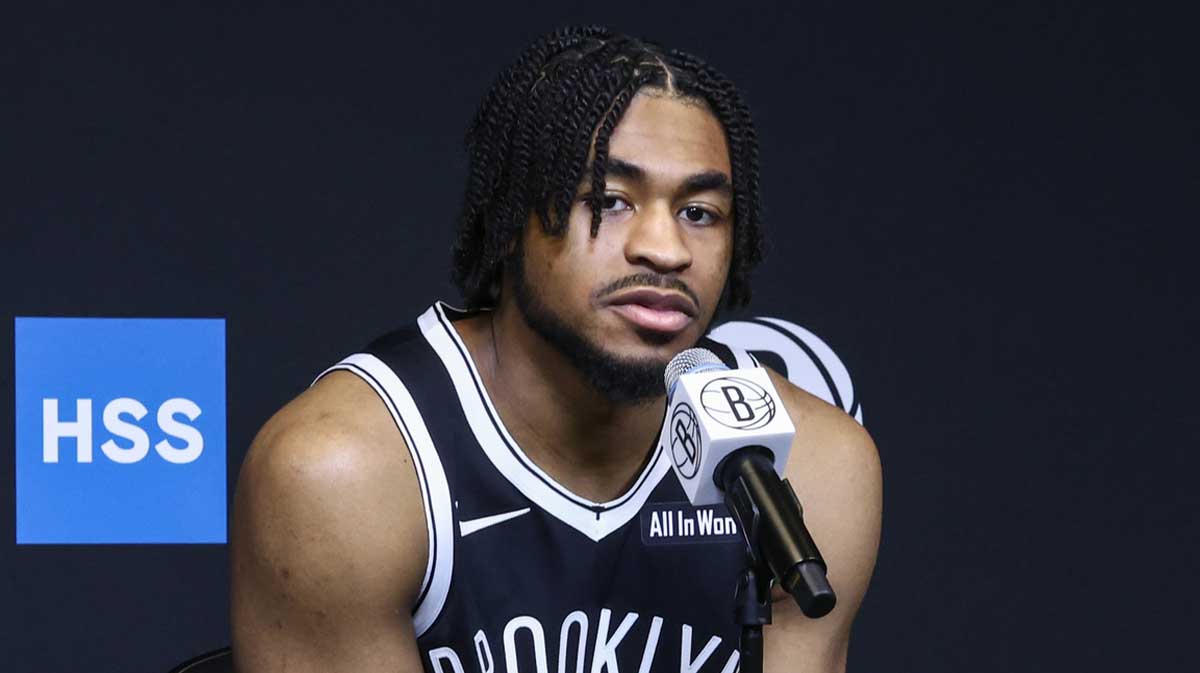 Brooklyn Nets guard Cam Thomas (24) speaks at Media Day. 