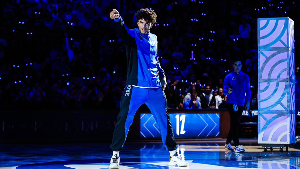 Duke Blue Devils forward Cameron Boozer (12) is introduced during player introductions at the Countdown to Craziness at the Cameron Indoor Stadium.