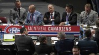 General view of the Montreal Canadiens table during the second round of the 2022 NHL Draft at the Bell Centre. Montreal Canadiens head coach Martin St-Louis and General Manager Kent Hughes on the left.