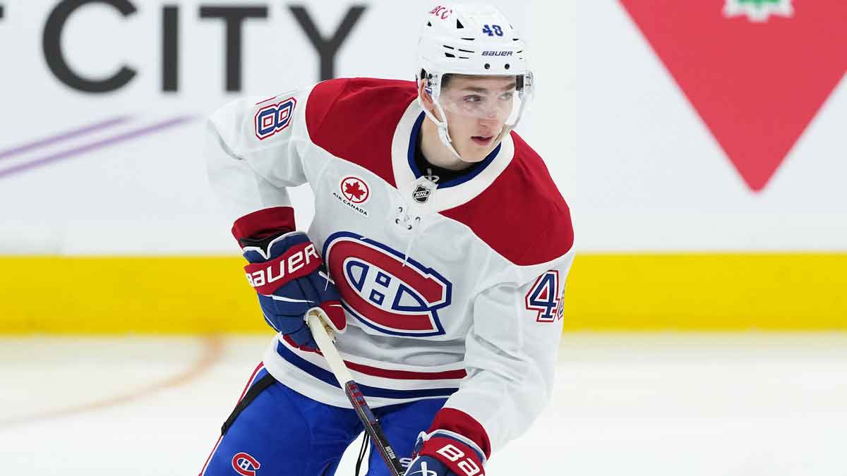Montreal Canadiens defenseman Lane Hutson (48) skates during the warmup before a game against the Toronto Maple Leafs at Scotiabank Arena.