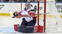 Washington Capitals goaltender Charlie Lindgren (79) makes a save on a shot on goal attempt in the second period against the New York Rangers at Madison Square Garden.