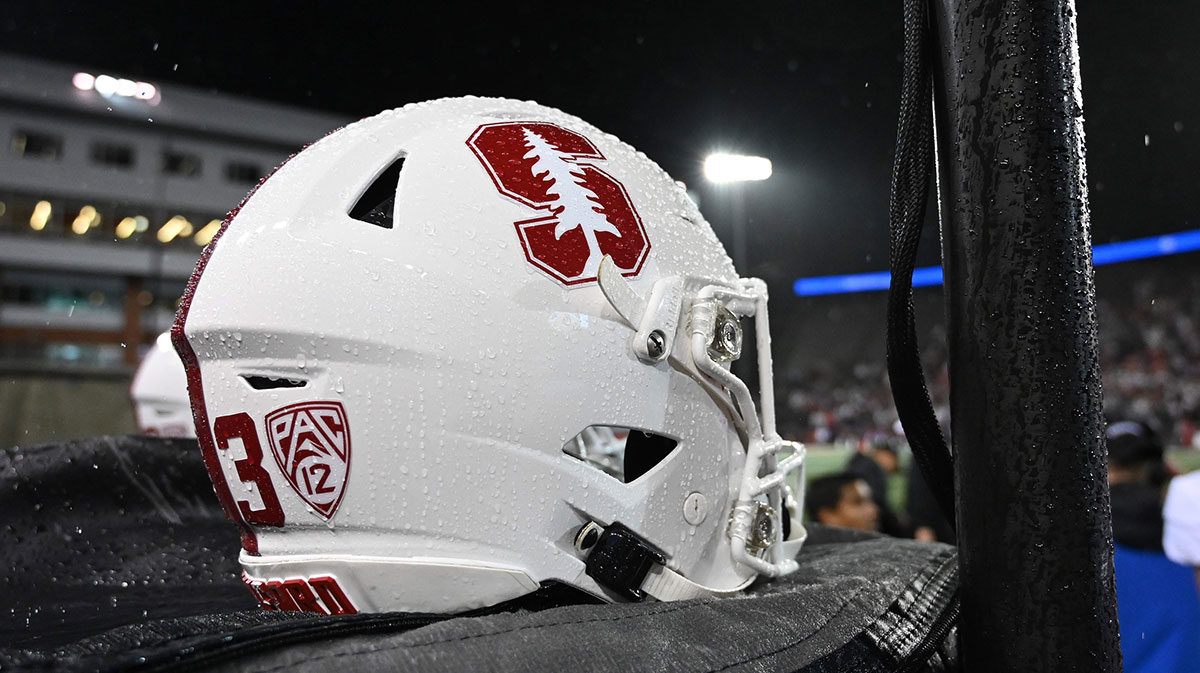 Stanford Cardinal helmet sits against the Washington State Cougars in the first half at Gesa Field at Martin Stadium.