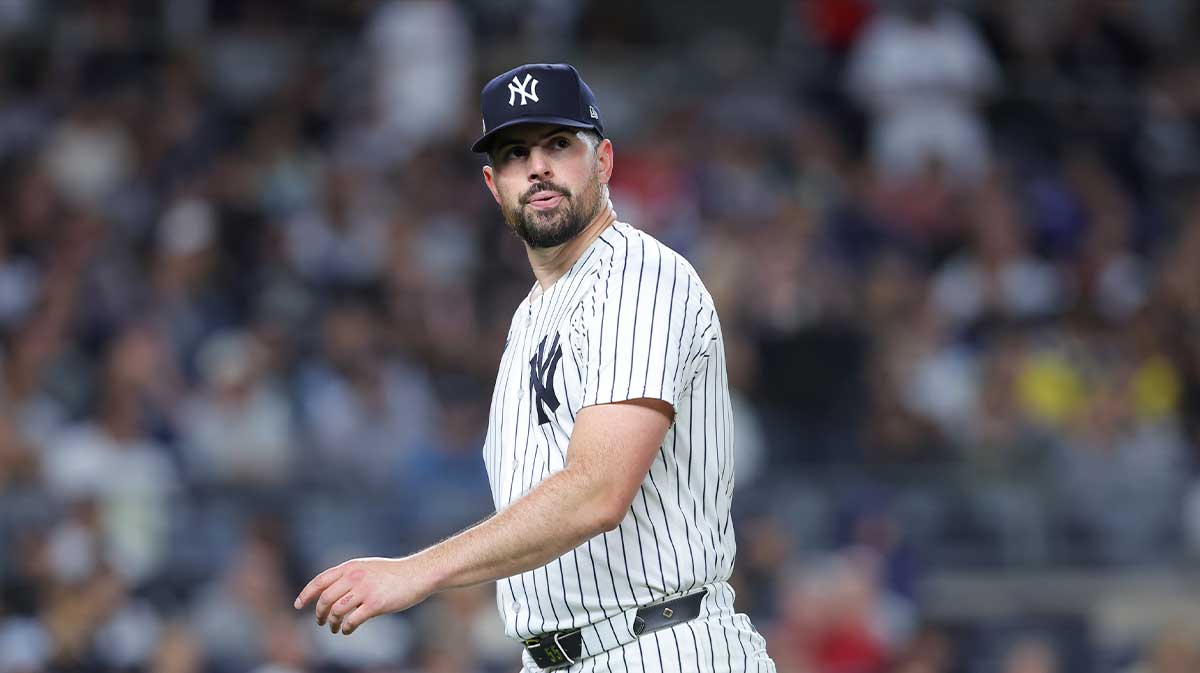 New York Yankees starting pitcher Carlos Rodon (55) looks on after leaving the game during the seventh inning against the Boston Red Sox during game two of the Wildcard round for the 2025 MLB playoffs at Yankee Stadium.
