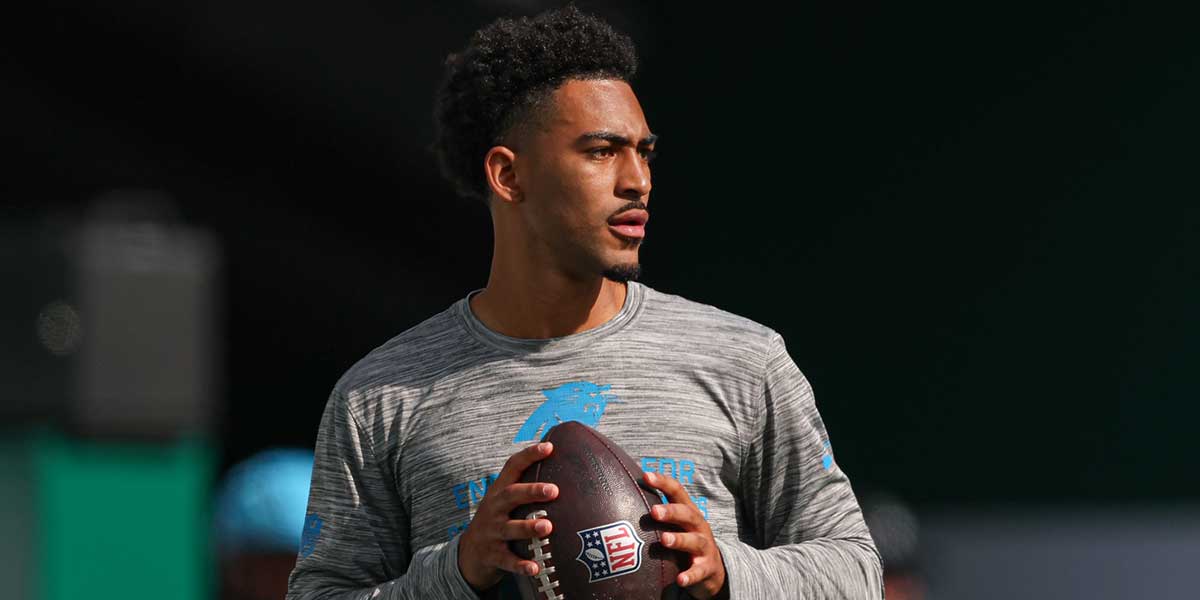 Carolina Panthers quarterback Bryce Young (9) warms up before the game against the New York Jets at MetLife Stadium.