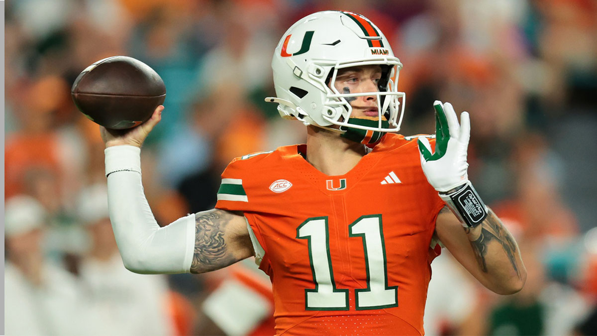 Miami Hurricanes quarterback Carson Beck (11) throws the football against the Louisville Cardinals during the first quarter at Hard Rock Stadium.