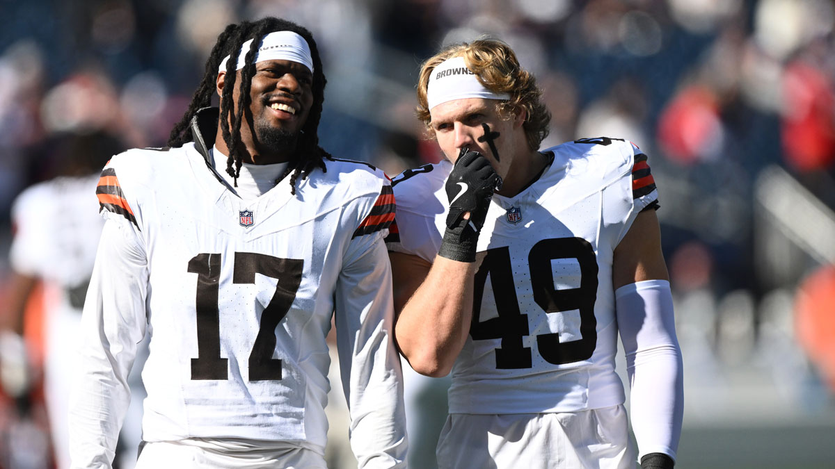 Cleveland Browns outside linebacker Jerome Baker (17) and linebacker Carson Schwesinger (49) talk during warm up prior to the game against the New England Patriots at Gillette Stadium.