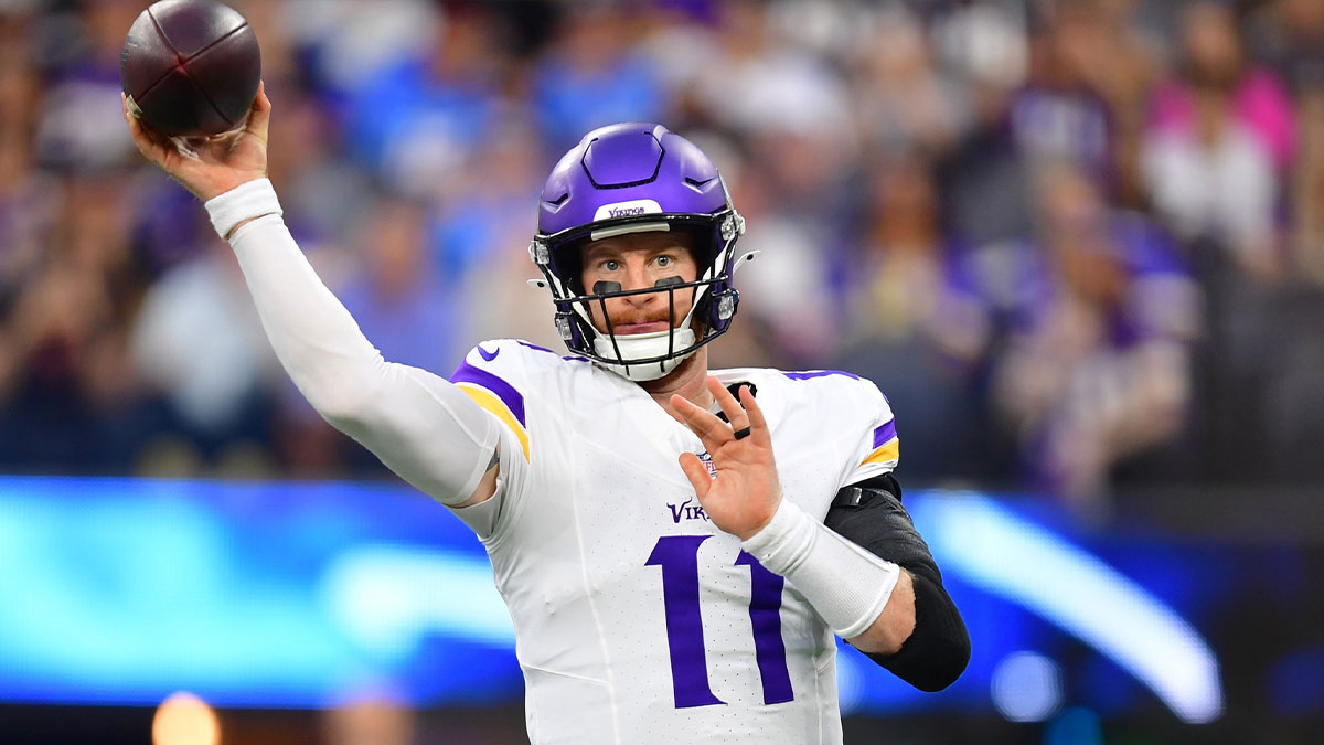 Oct 23, 2025; Inglewood, California, USA; Minnesota Vikings quarterback Carson Wentz (11) drops back to pass against the Los Angeles Chargers during the first half at SoFi Stadium. Mandatory Credit: Gary A. Vasquez-Imagn Images
