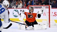 Philadelphia Flyers goalie Carter Hart (79) makes a save against the Colorado Avalanche in the first period at Wells Fargo Center.