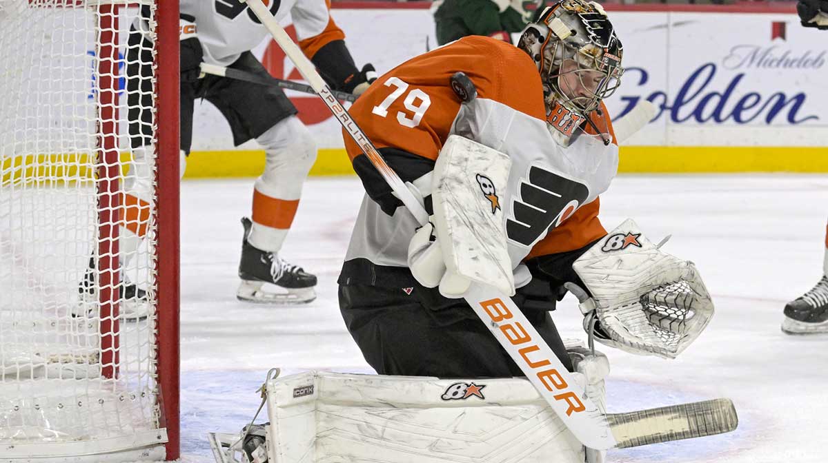 Philadelphia Flyers goalie Carter Hart (79) makes a save against the Minnesota Wild during the second period at Xcel Energy Center.