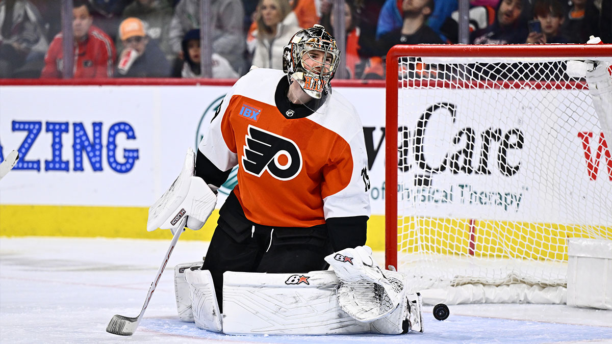 Philadelphia Flyers goalie Carter Hart (79) reacts after allowing a goal against the Colorado Avalanche in the first period at Wells Fargo Center.