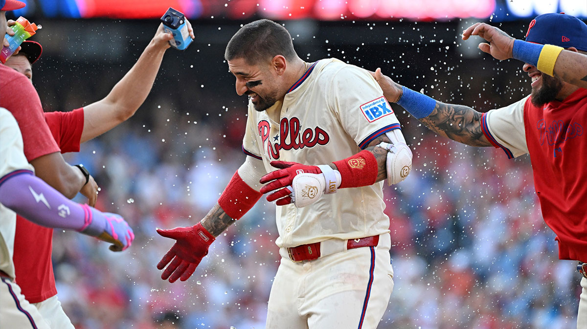 Philadelphia Phillies outfielder Nick Castellanos (8) celebrate his game-winning sacrifice fly during the tenth inning against the Minnesota Twins at Citizens Bank Park