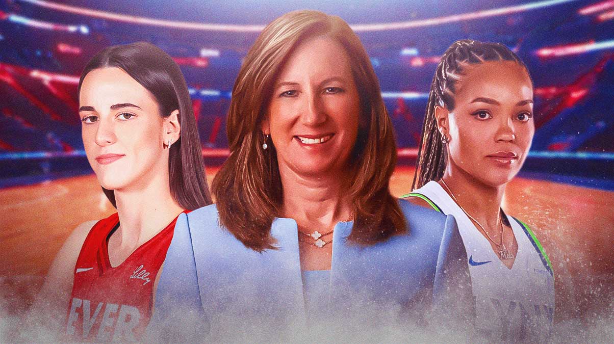 WNBA Commissioner Cathy Engelbert in front. Fever Caitlin Clark on left, Lynx Napheesa Collier on right.