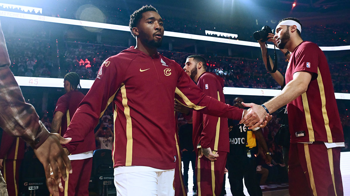 Cleveland Cavaliers guard Donovan Mitchell (45) is introduced before the game between the Cavaliers and the Milwaukee Bucks at Rocket Arena.