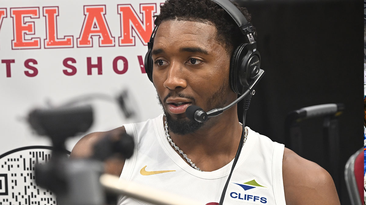Cleveland Cavaliers guard Donovan Mitchell (45) talks to a reporter during media day at Rocket Arena.