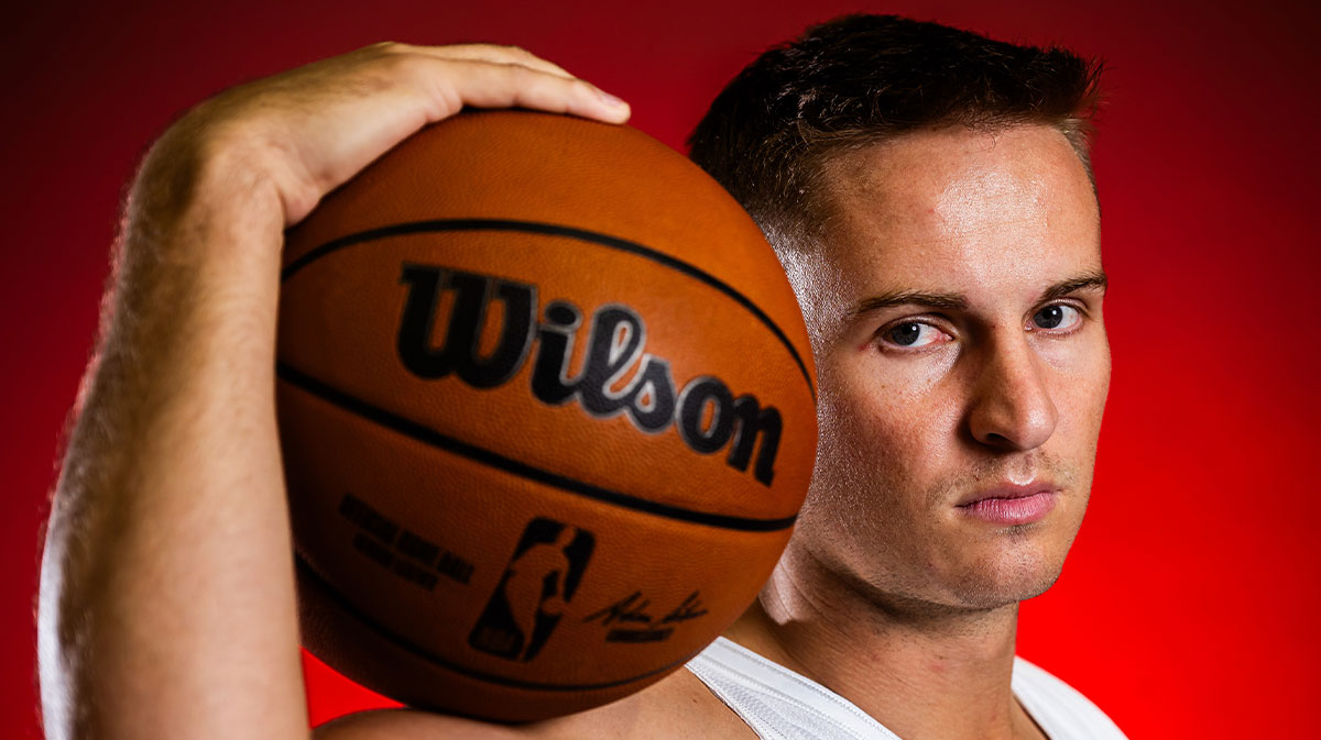 Cleveland Cavaliers guard Sam Merrill (5) during media day at Rocket Arena.