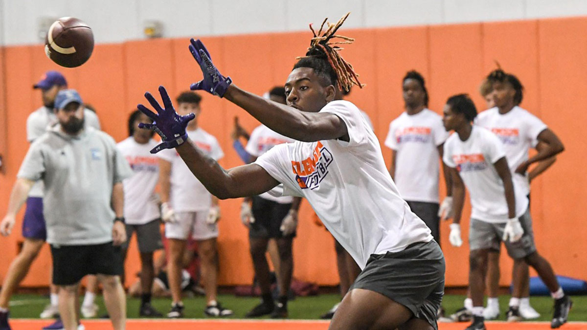 Cederian Morgan, Class of 2026 wide receiver of Benjamin Russell High school in Alexander City, Alabama, catches a ball during the 2024 Dabo Swinney Football Camp in Clemson in Clemson June 5, 2024. Morgan, 38th overall ranked in the ESPN300 2026 recruiting ranking list, announced on social media X (formerly known as Twitter) Clemson offered him June 5, 2024.