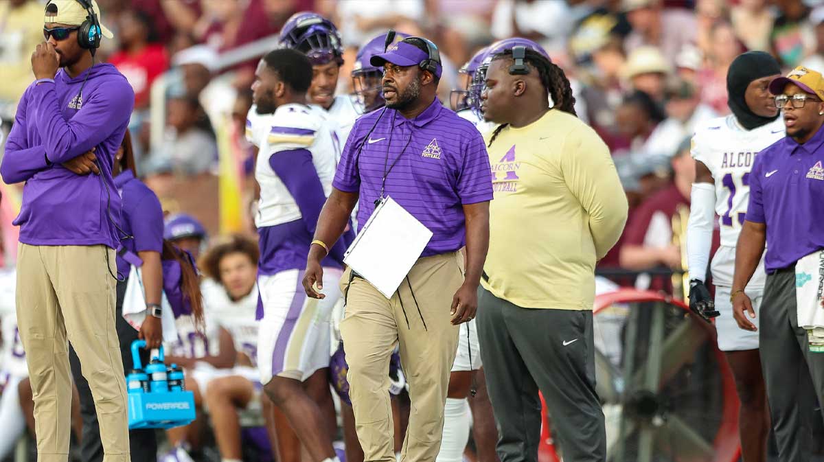 Sep 13, 2025; Starkville, Mississippi, USA; Alcorn State Braves head coach Cedric Thomas looks on during the second quarter against the Mississippi State Bulldogs at Davis Wade Stadium at Scott Field.