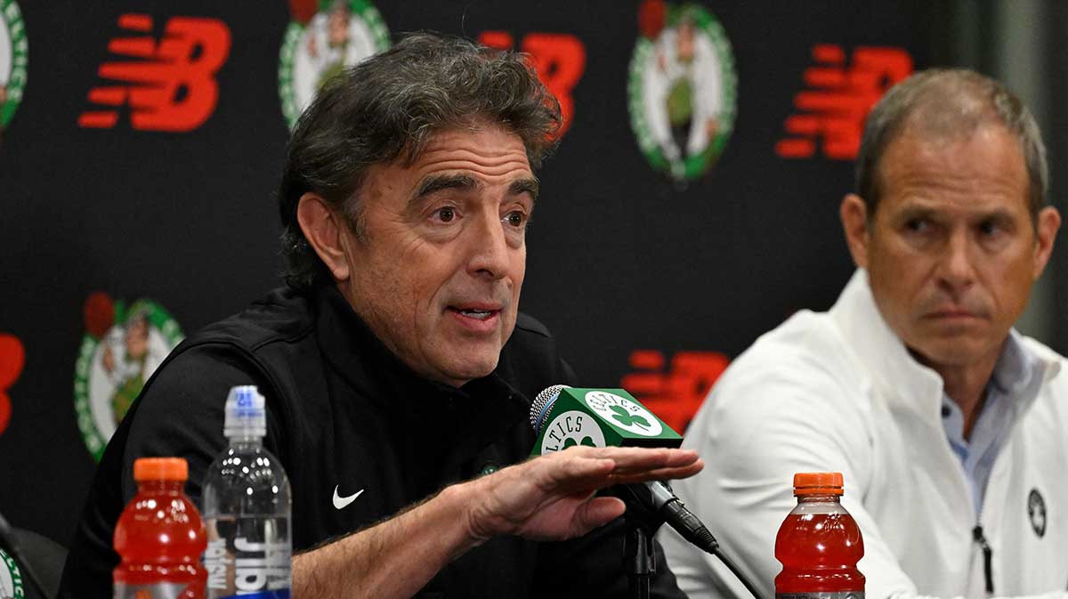 Boston Celtics co-owner, alternate governor and CEO Wyc Grousbeck speaks during a press conference at the Auerbach Center.