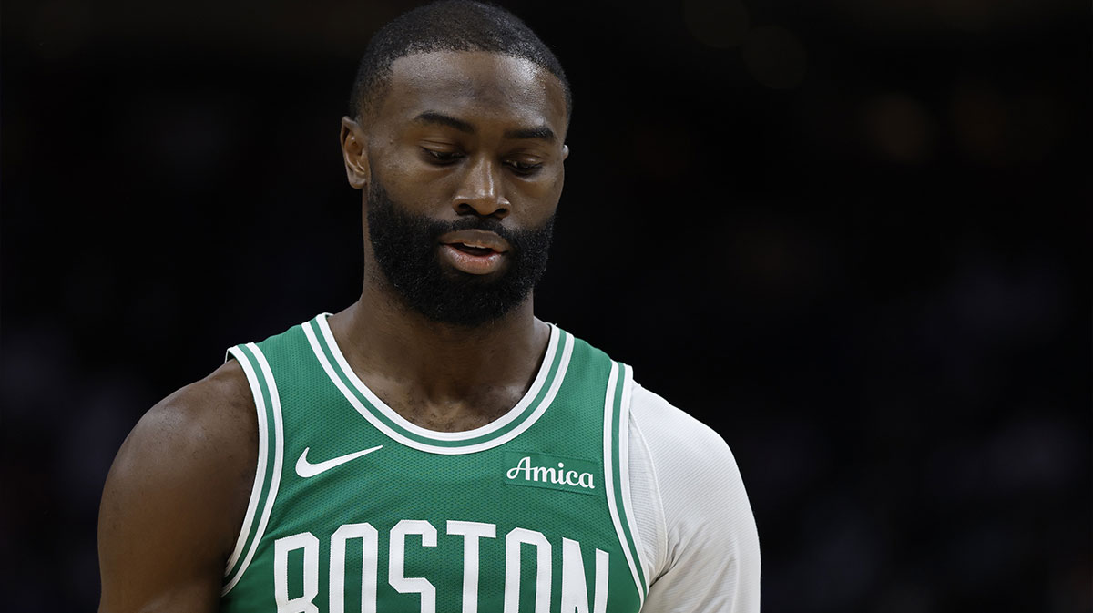 Celtics guard Jaylen Brown (7) reacts in the second half against the Detroit Pistons at Little Caesars Arena