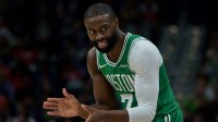Boston Celtics guard Jaylen Brown (7) reacts during the first half against the New Orleans Pelicans at Smoothie King Center.
